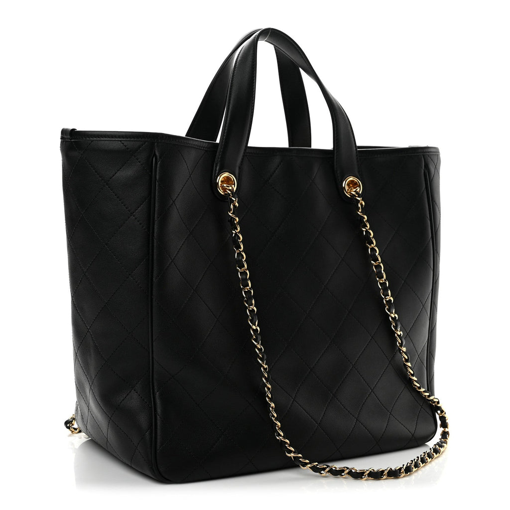 Calfskin Quilted Large CC Shopping Bag Black