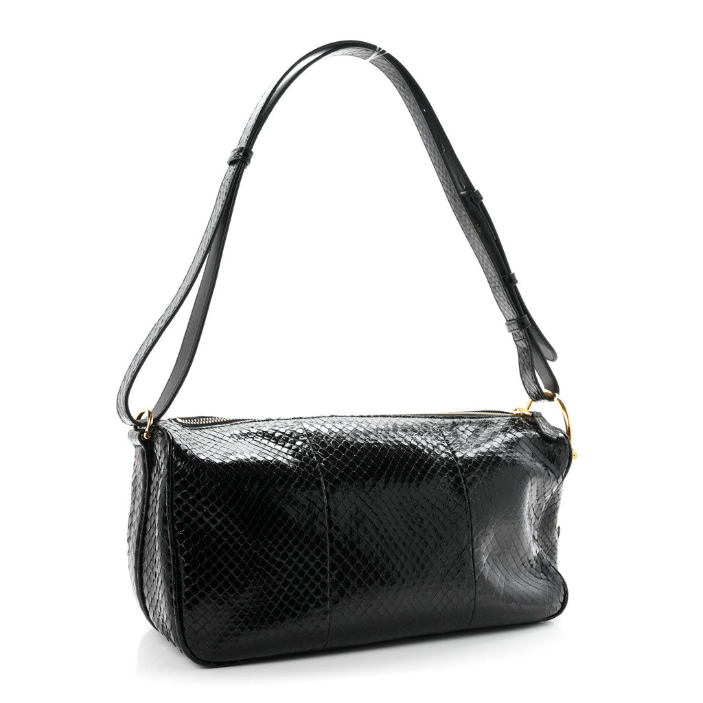 Snakeskin Half Horsebit Medium Shoulder Bag Black