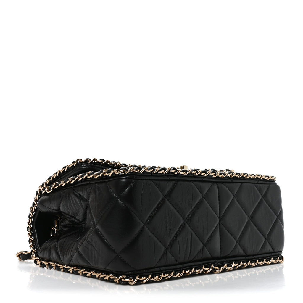 Crumpled Calfskin Medium Chain All Over Flap Black