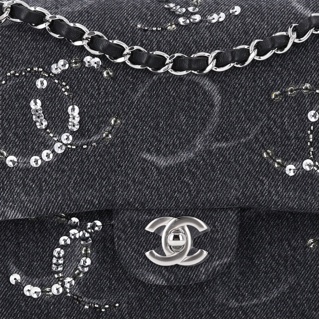 Denim Crystal Sequin CC Medium Double Flap Black