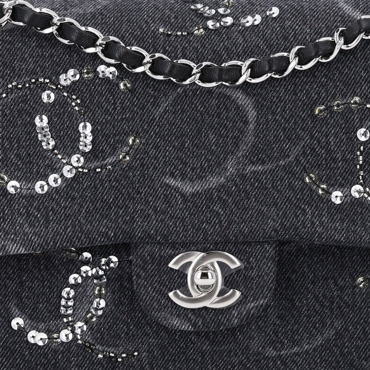 Denim Crystal Sequin CC Medium Double Flap Black