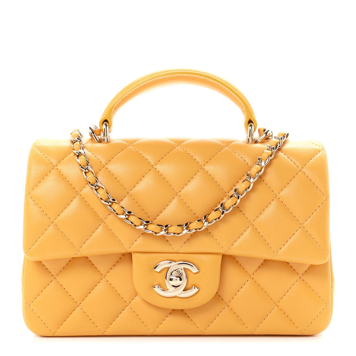 Lambskin Quilted Mini Top Handle Rectangular Flap Yellow