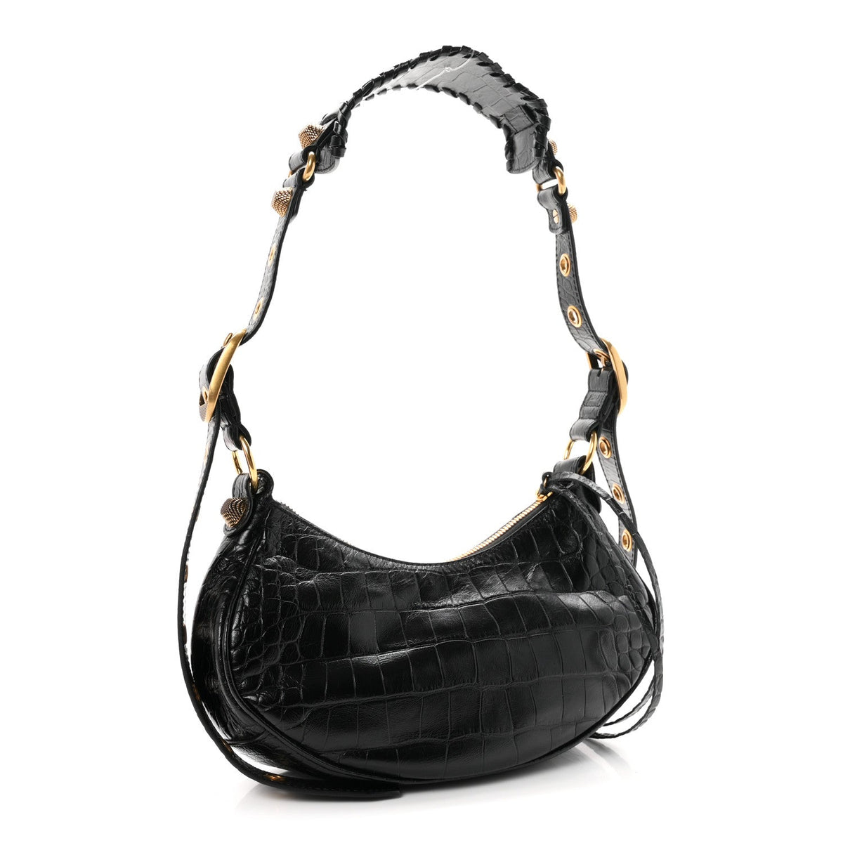Extra Supple Calfskin Crocodile Embossed Le Cagole Shoulder Bag XS Black
