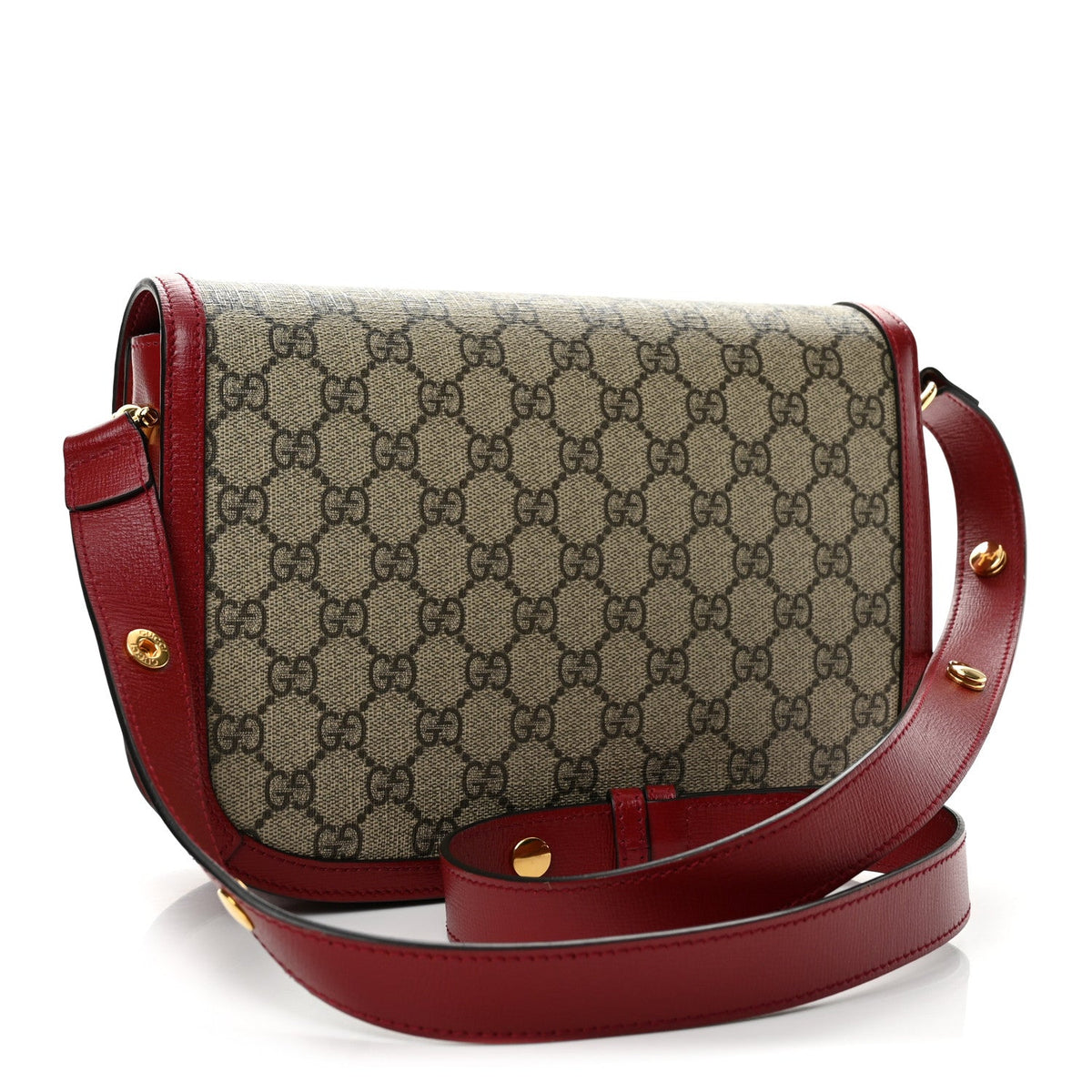 GG Supreme Monogram Azalea Calfskin Horsebit 1955 Shoulder Bag Beige Ebony New Cherry Red