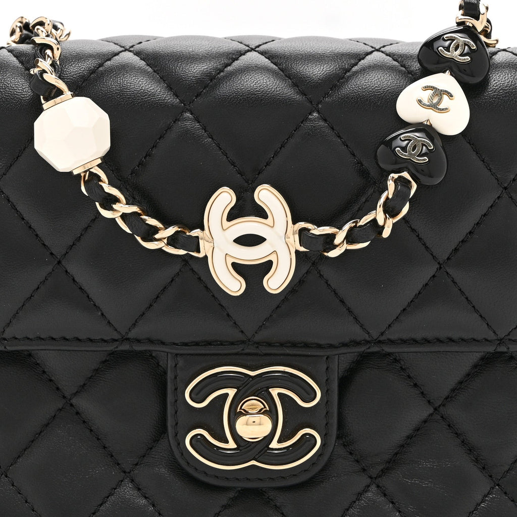 Lambskin Resin Quilted Mini Heart Square Flap Black