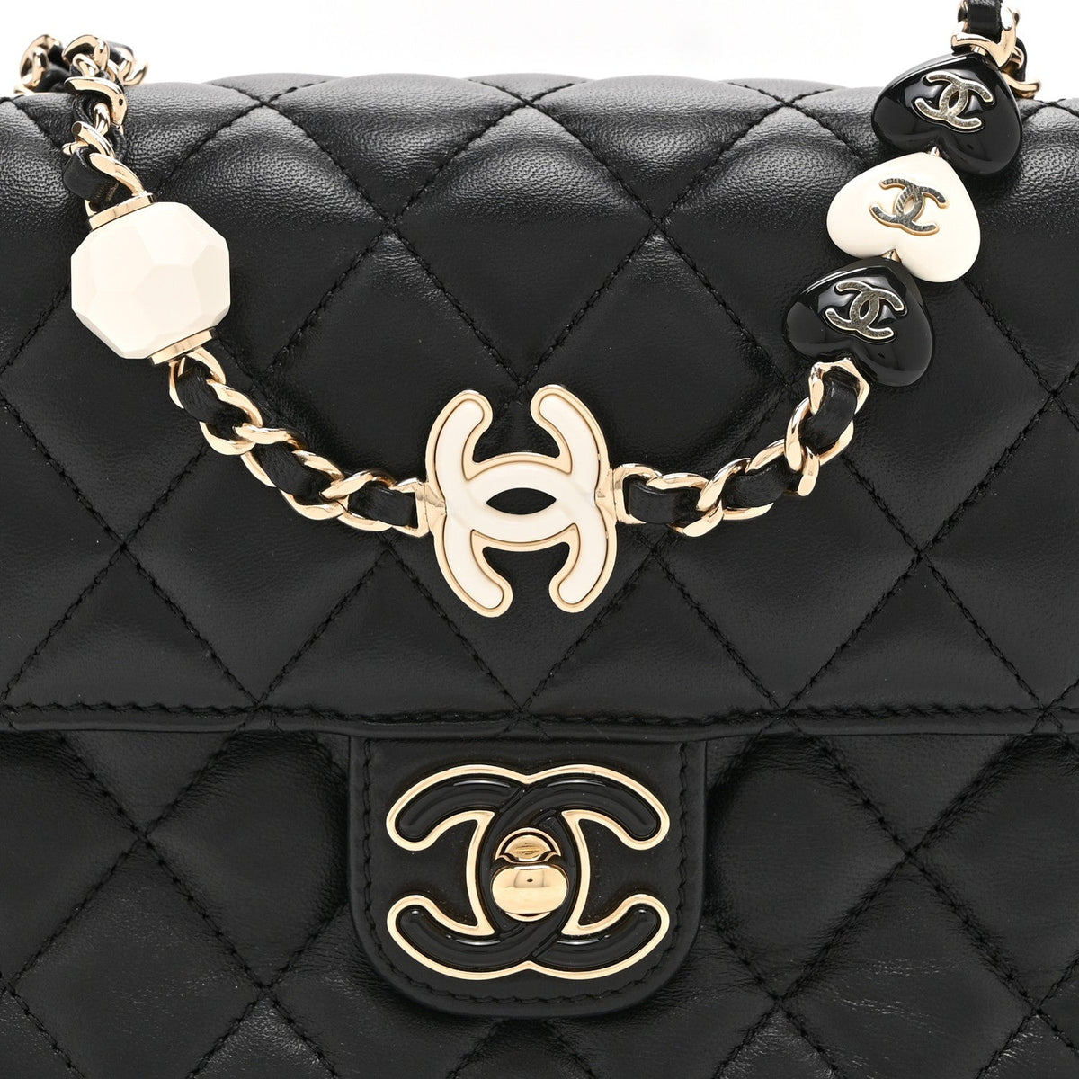Lambskin Resin Quilted Mini Heart Square Flap Black