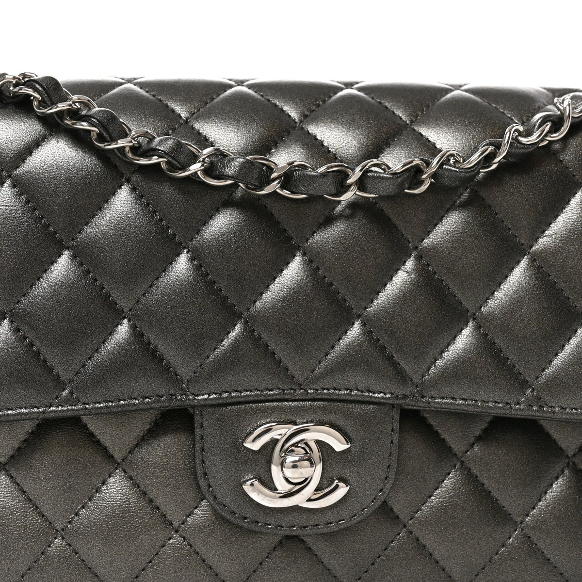 Metallic Lambskin Quilted Medium Double Flap Anthracite