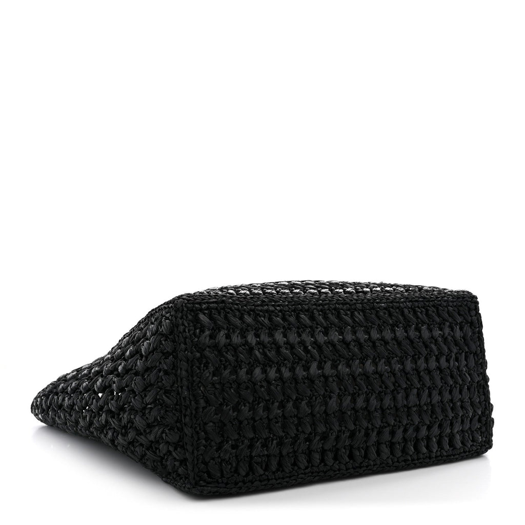 Raffia Effect Calfskin Coco Beach Shopping Tote Black