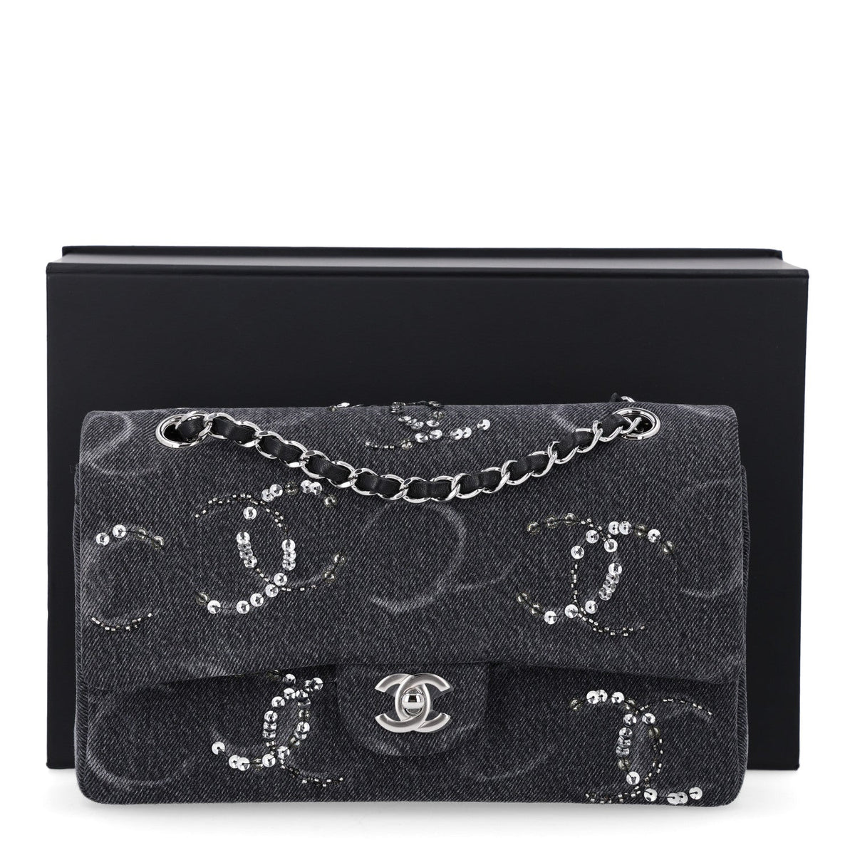 Denim Crystal Sequin CC Medium Double Flap Black