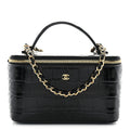 Calfskin Crocodile Embossed Crococo Small Top Handle Vanity Case With Chain Black