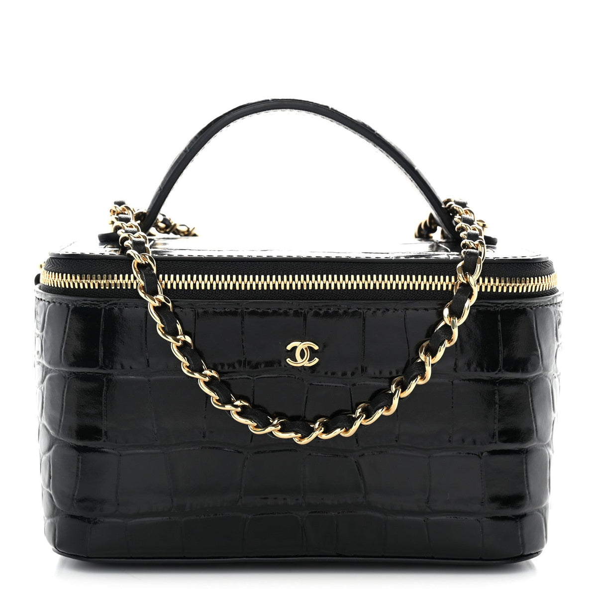 Calfskin Crocodile Embossed Crococo Small Top Handle Vanity Case With Chain Black