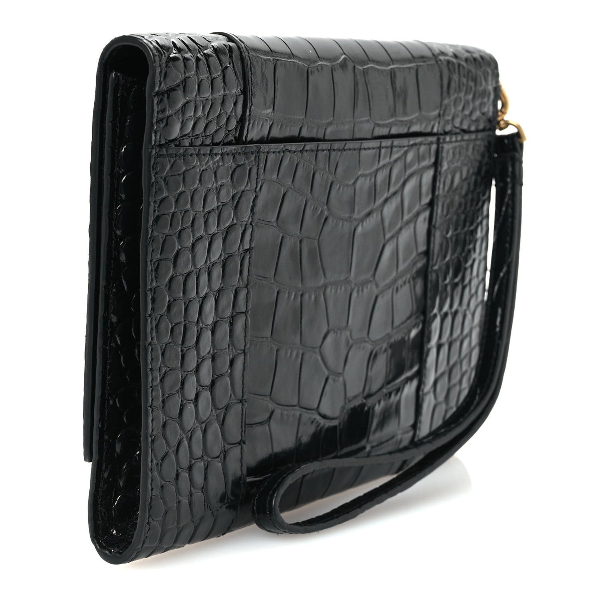 Shiny Calfskin Crocodile Embossed Hourglass Gusset Pouch Black
