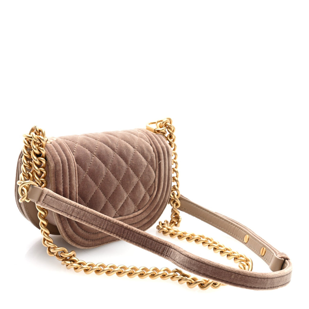 Velvet Quilted Mini Boy Messenger Bag Beige