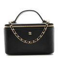 Calfskin Lizard Embossed Top Handle Vanity With Chain Black
