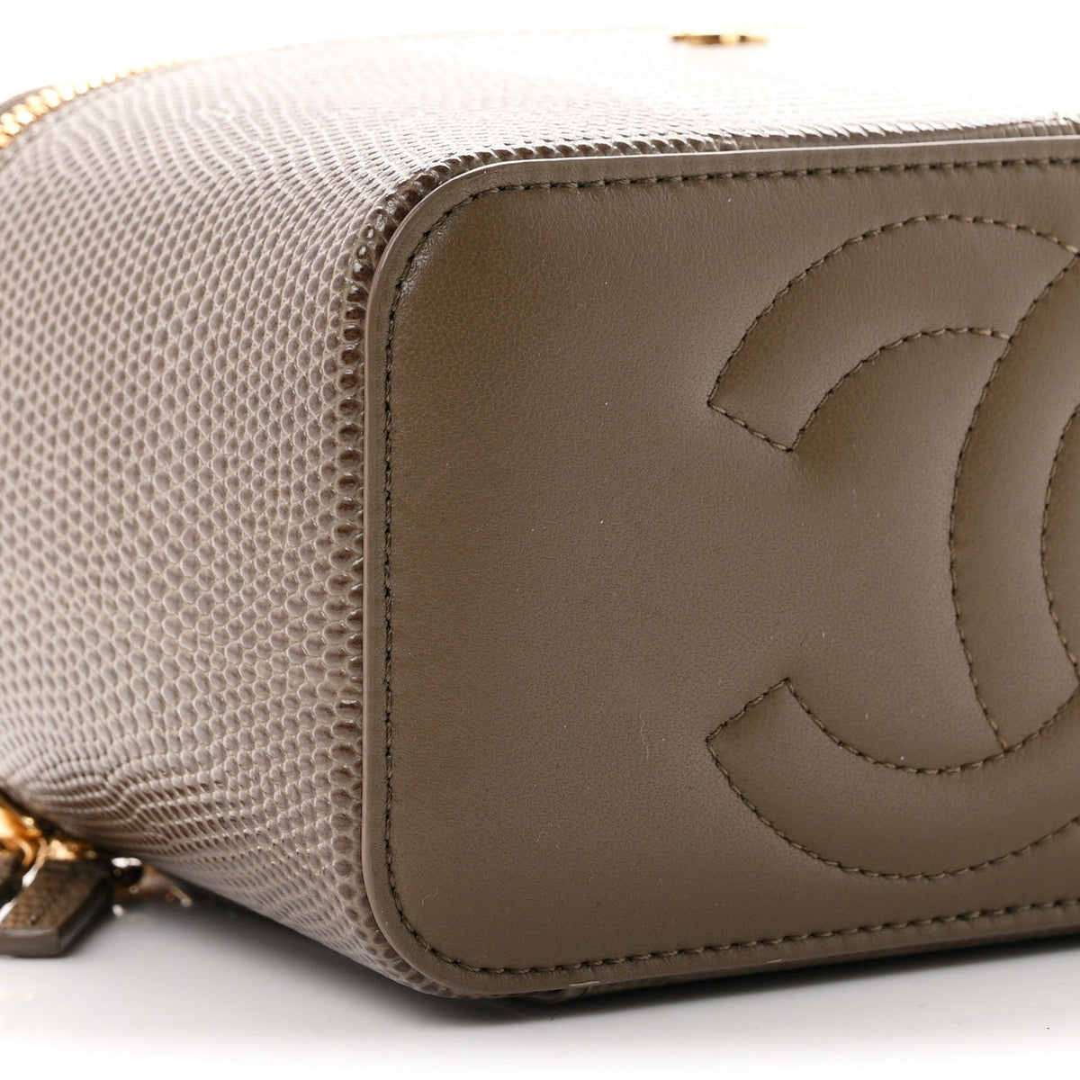 Calfskin Lizard Embossed Top Handle Vanity With Chain Dark Khaki