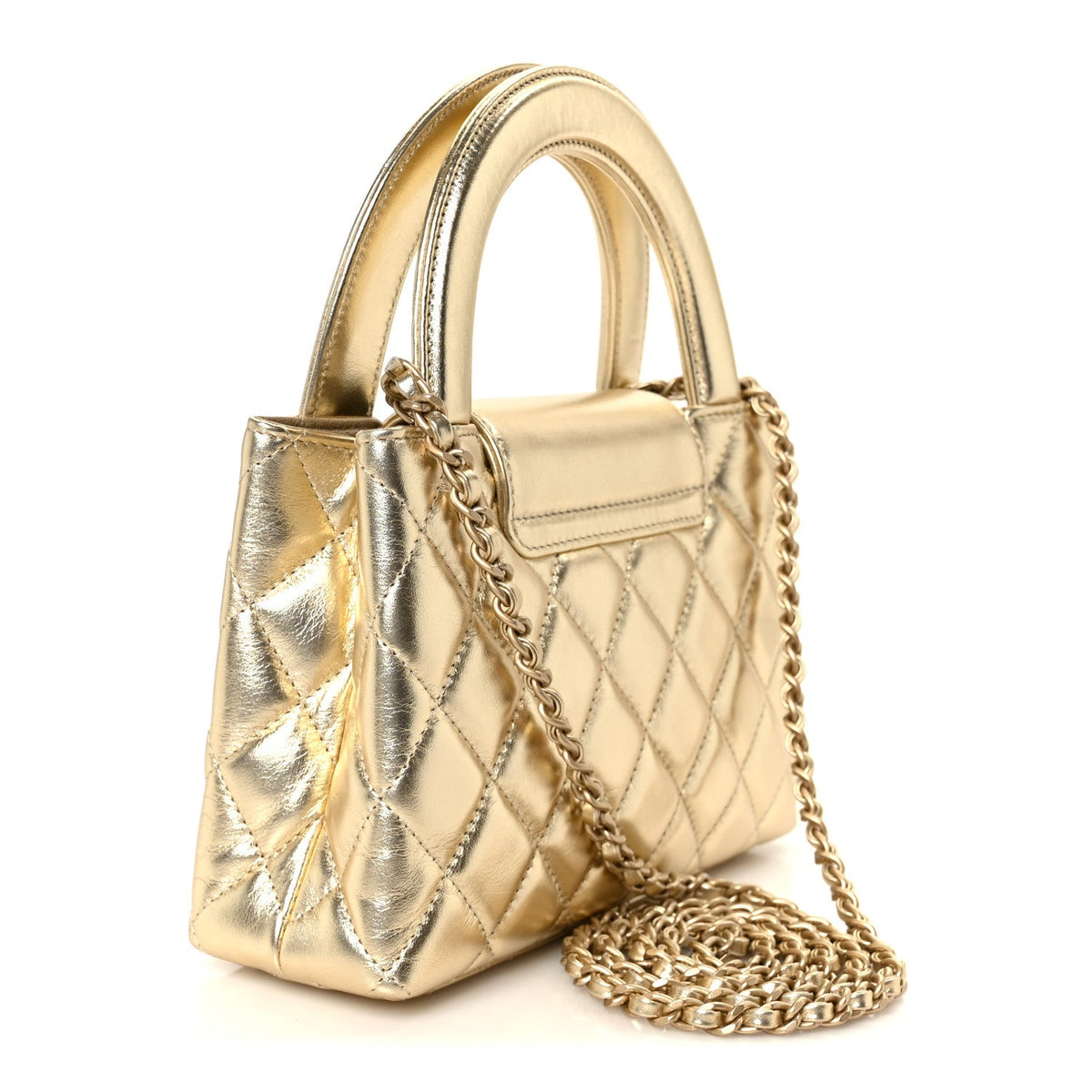 Metallic Shiny Aged Calfskin Quilted Nano Kelly Shopper Gold