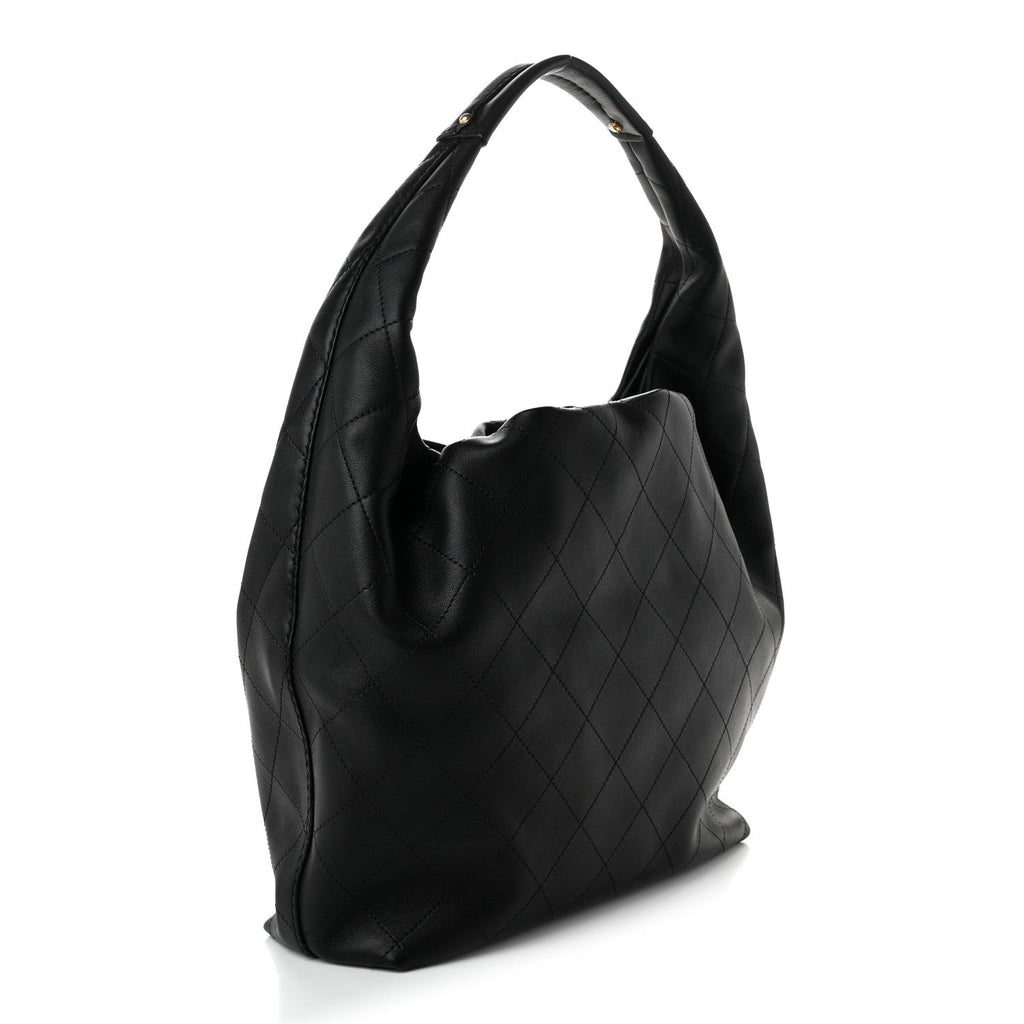 Calfskin Quilted Maxi Hobo Black