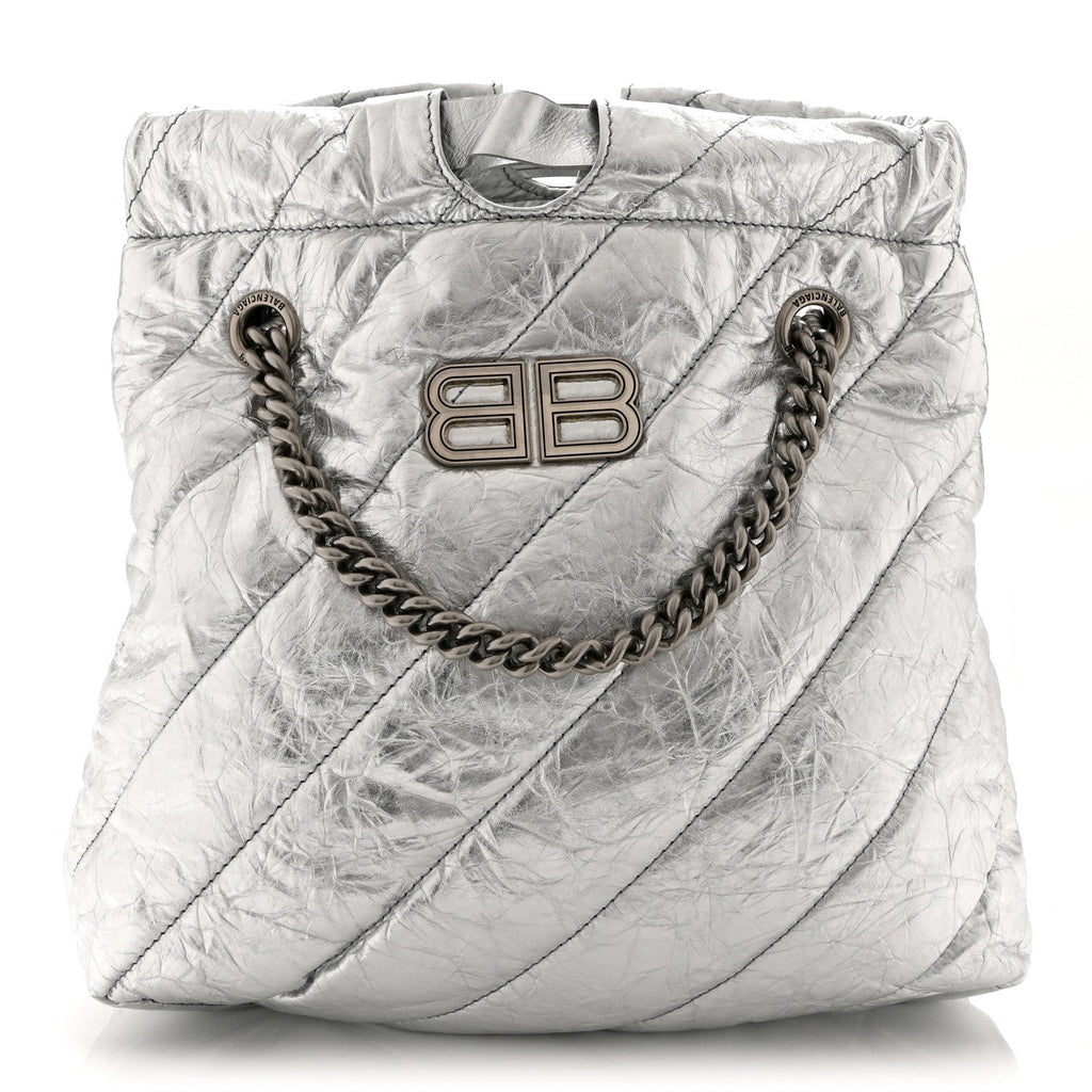 Crushed Calfskin Quilted Crush Small Tote Bag Silver