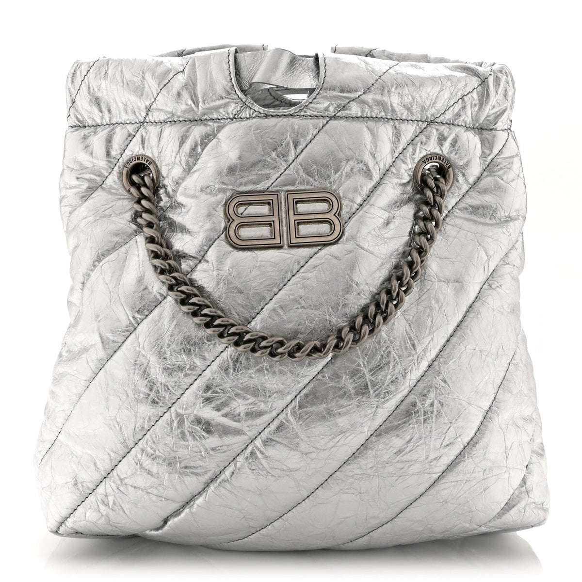 Crushed Calfskin Quilted Crush Small Tote Bag Silver