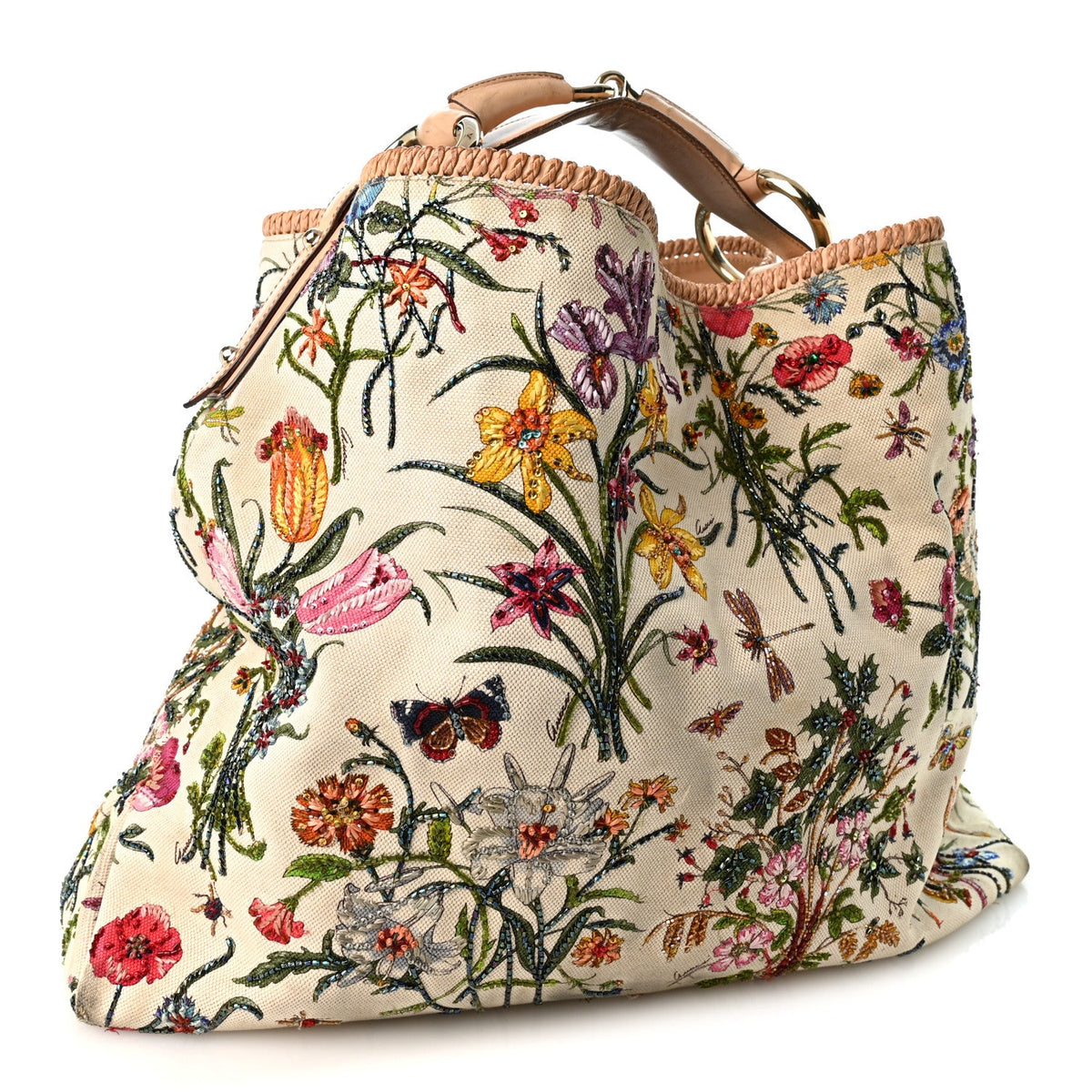 Canvas Flora Beaded Large Horsebit Chain Hobo White