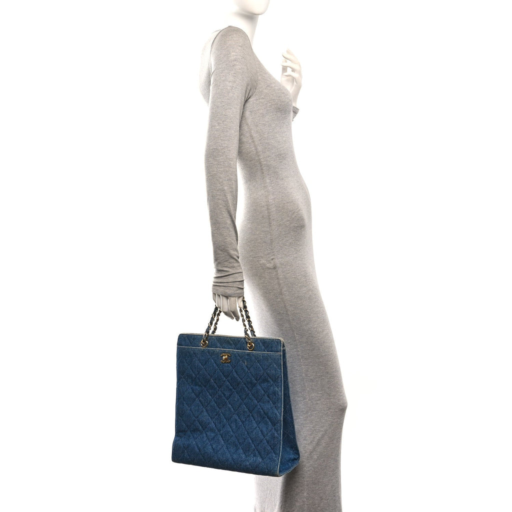 Denim Quilted CC Chain Tote Blue
