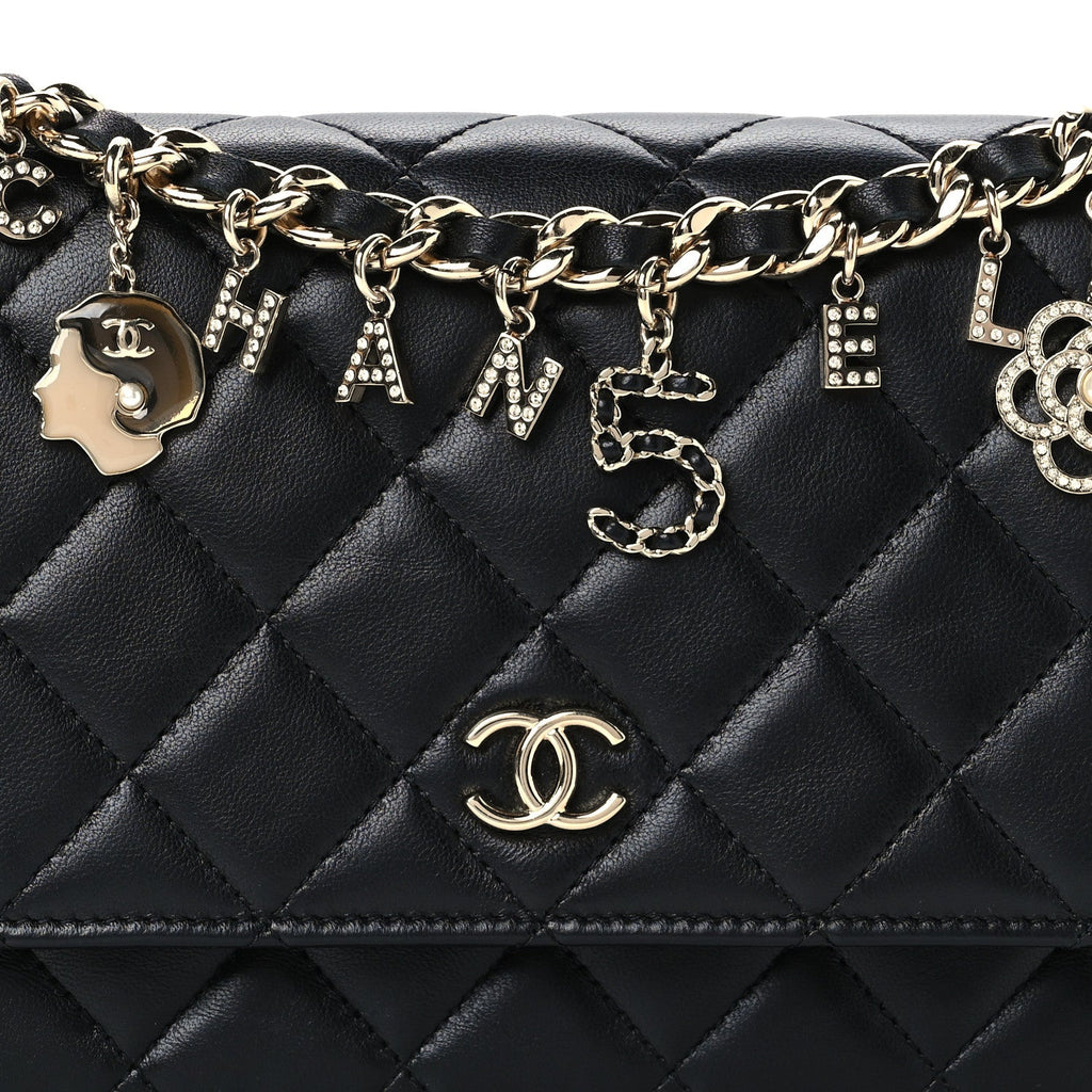Lambskin Quilted Coco Charms Wallet On Chain Black