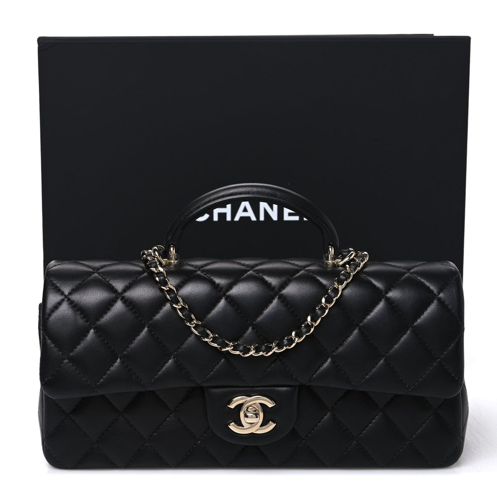 Lambskin Quilted Top Handle East West Flap Black