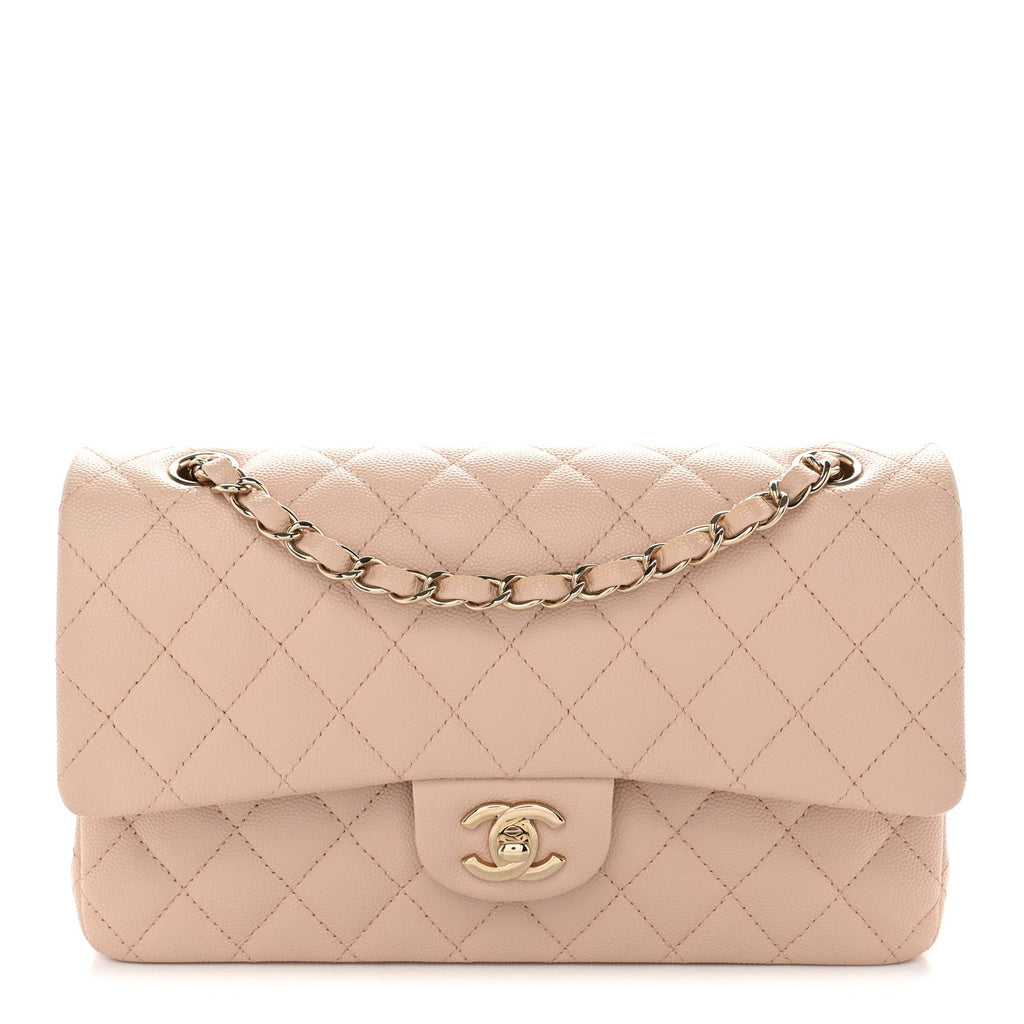 Caviar Quilted Medium Double Flap Light Beige