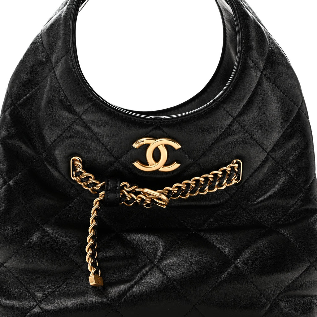 Shiny Lambskin Quilted CC Belt Shopping Bag Black