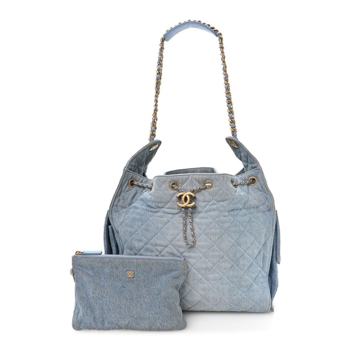 Washed Denim Quilted Medium Chanel 25 Handbag Blue
