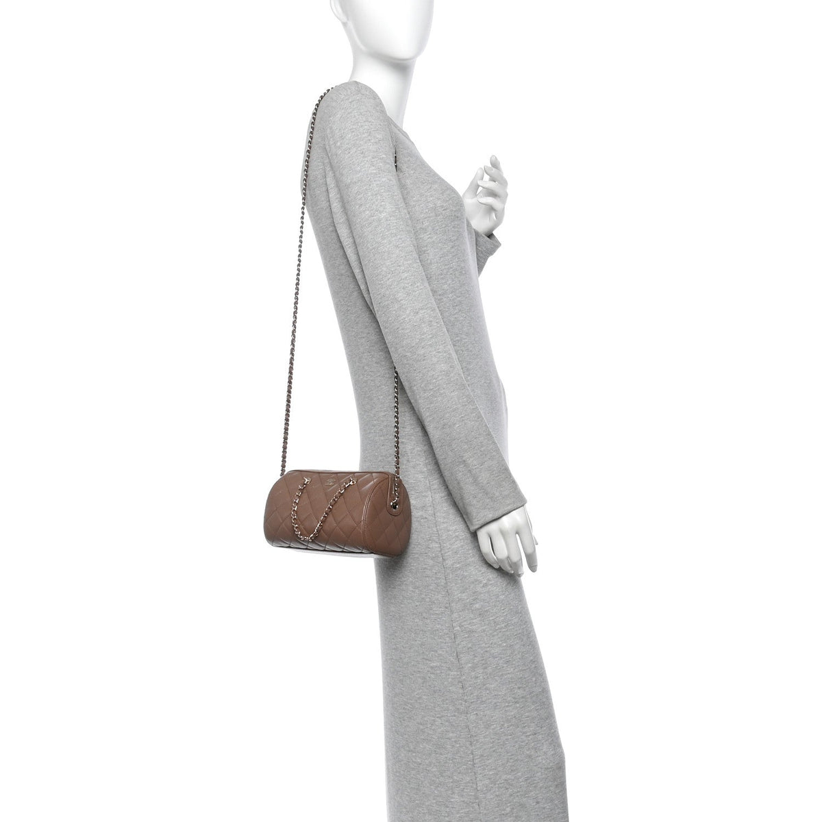 Caviar Quilted Barrel Clutch With Chain Brown