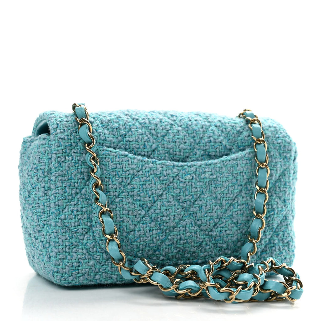 Wool Tweed Quilted Mini Rectangular Flap Turquoise Light Blue