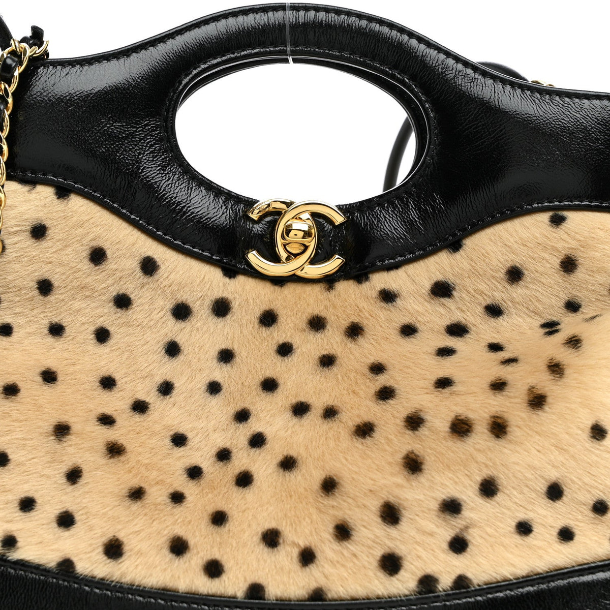 Shiny Lambskin Pony Hair Cheetah Printed Mini 31 Shopping Bag Light Beige Black