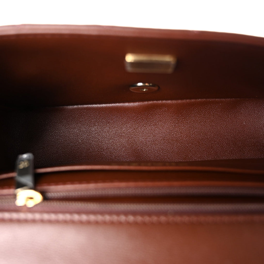 Lambskin Quilted Mini Top Handle Rectangular Flap Dark Brown
