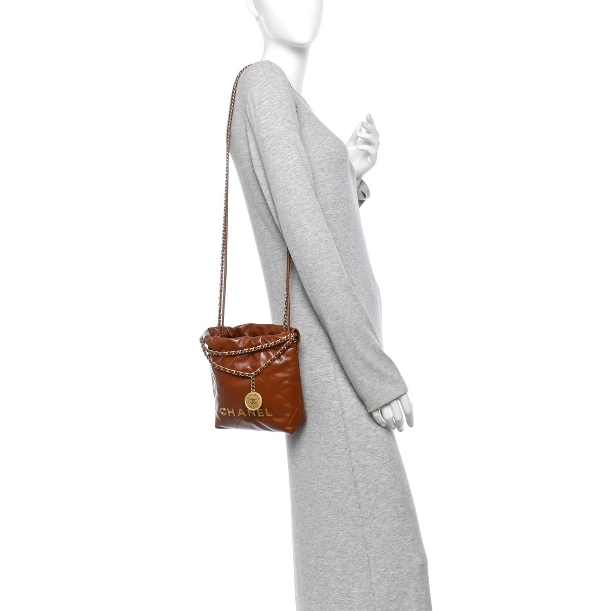 Shiny Calfskin Quilted Mini Chanel 22 Light Brown
