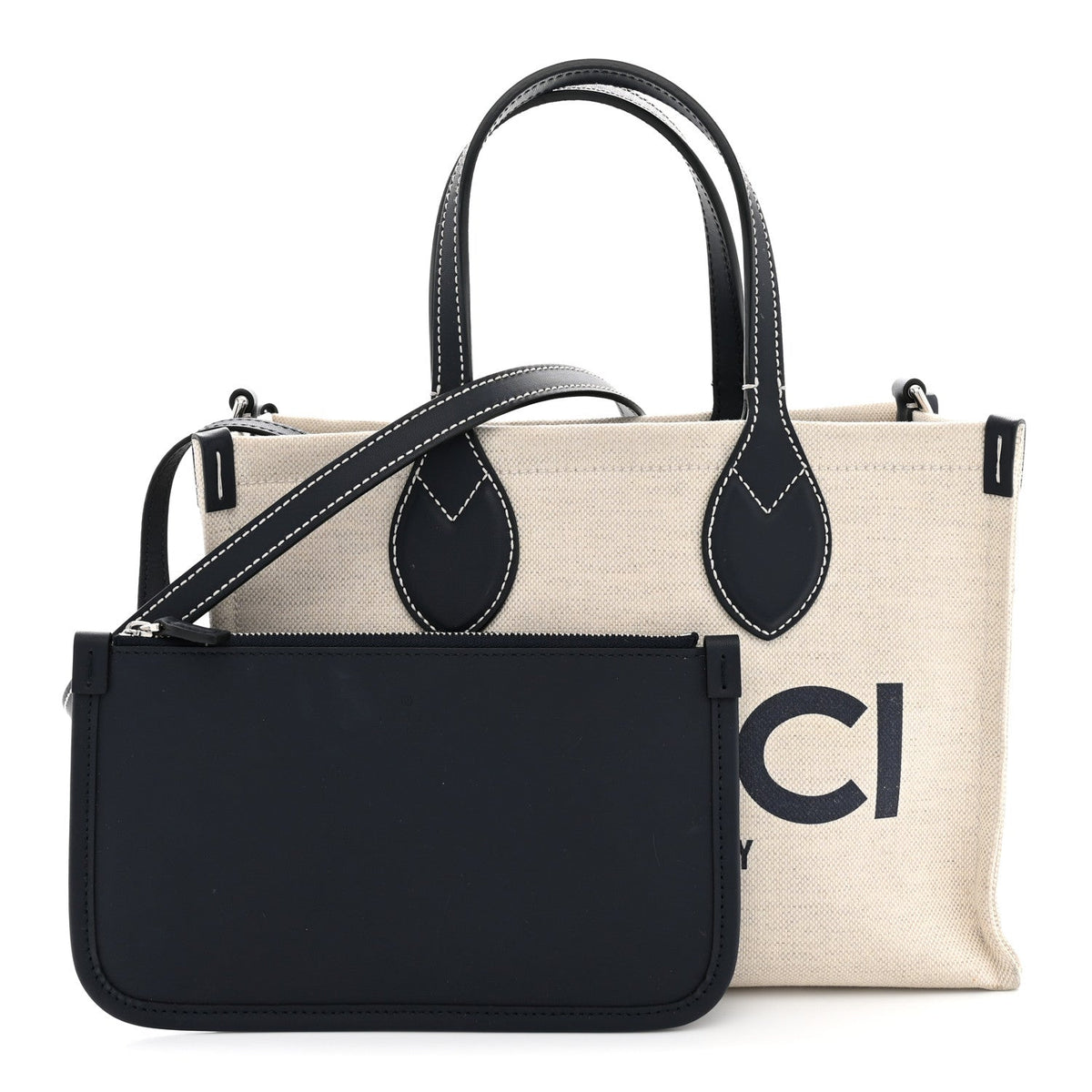 Canvas Calfskin Logo Print Medium Tote Bag Navy