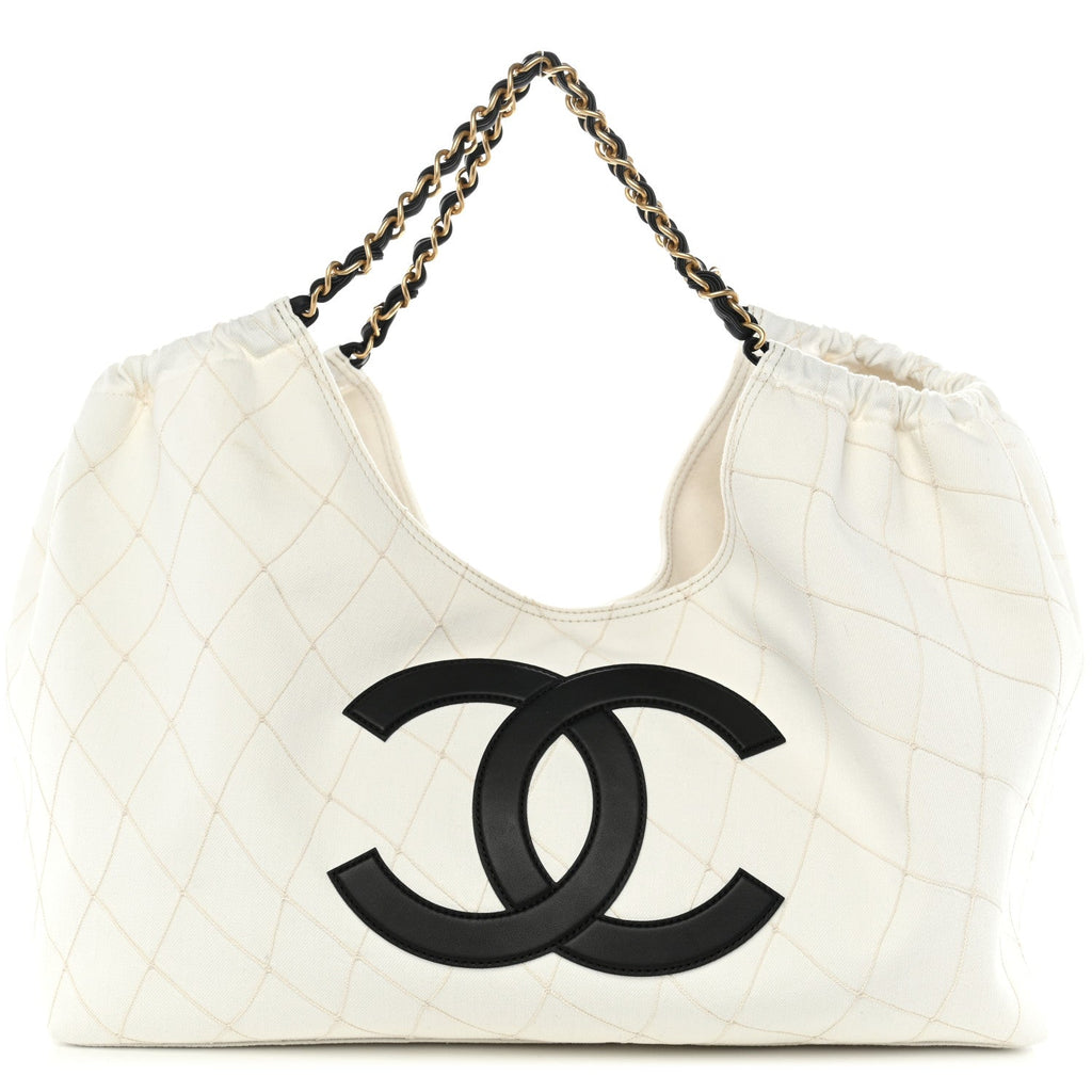 Denim Calfskin Quilted Coco Beach Small Shopping Tote White Black