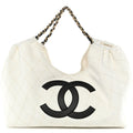 Denim Calfskin Quilted Coco Beach Small Shopping Tote White Black