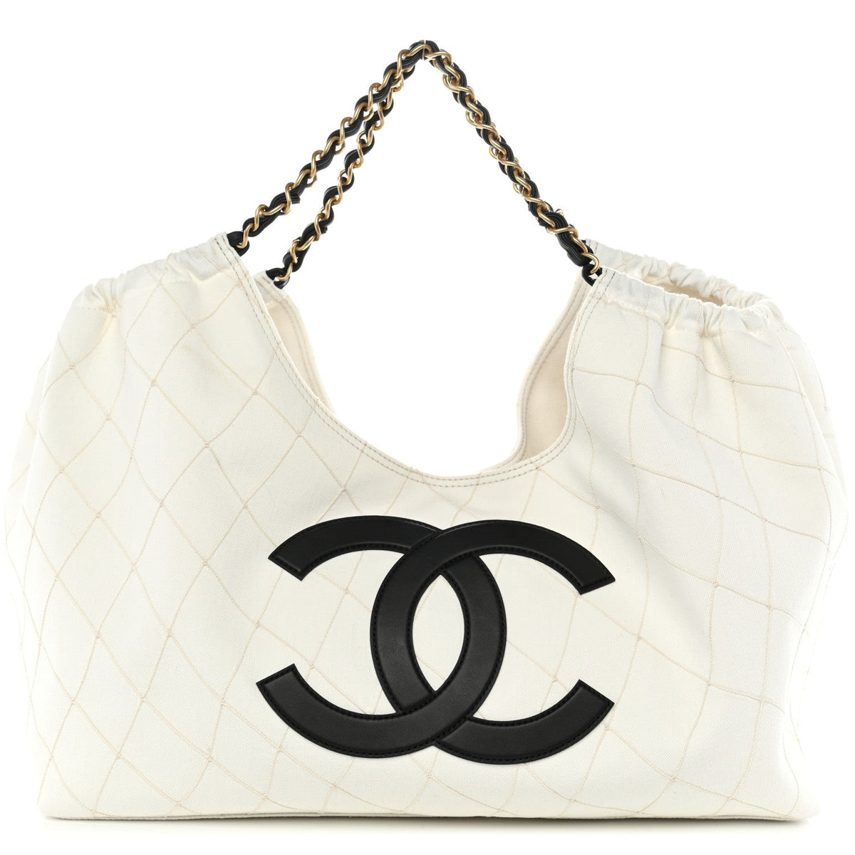 Denim Calfskin Quilted Coco Beach Small Shopping Tote White Black