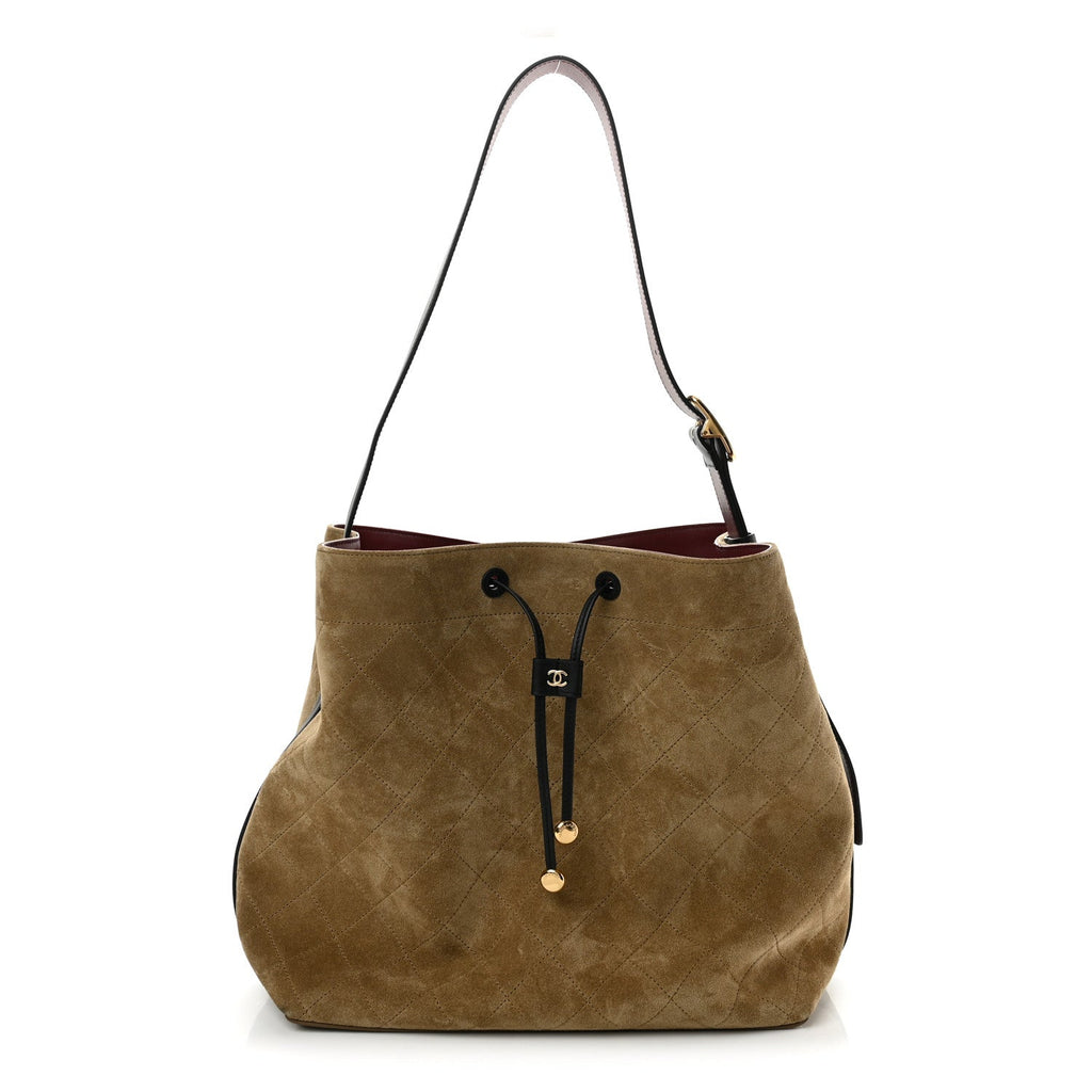 Suede Quilted Bucket Bag Dark Beige Black