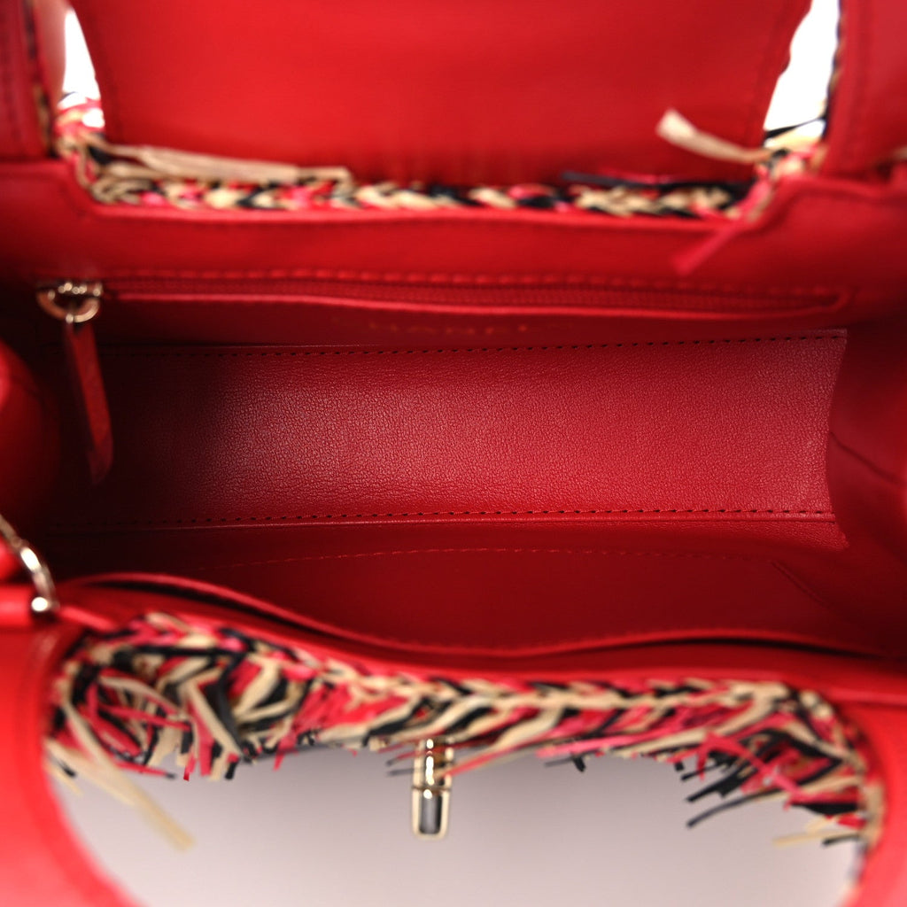 Raffia Fringe Nano Kelly Shopper Red Beige Black