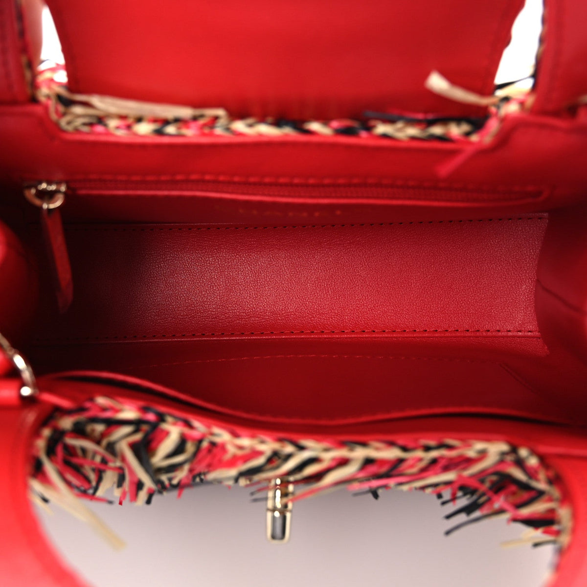 Raffia Fringe Nano Kelly Shopper Red Beige Black