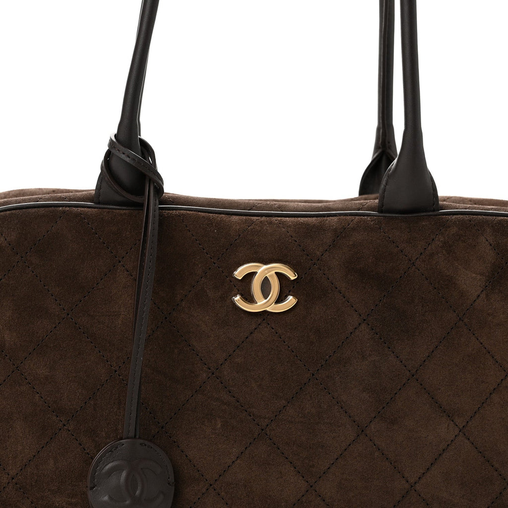 Suede Calfskin Large Perfect Bowling Bag Dark Brown
