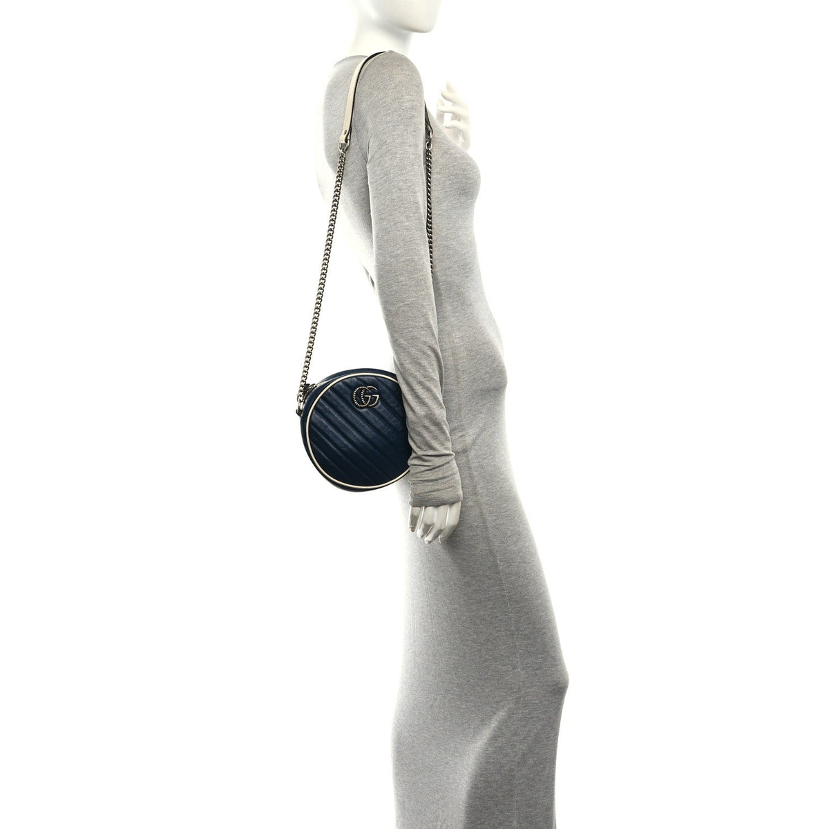 Azalea Calfskin Matelasse Diagonal Mini Torchon GG Marmont Round Shoulder Bag Blue Agata Mystic White