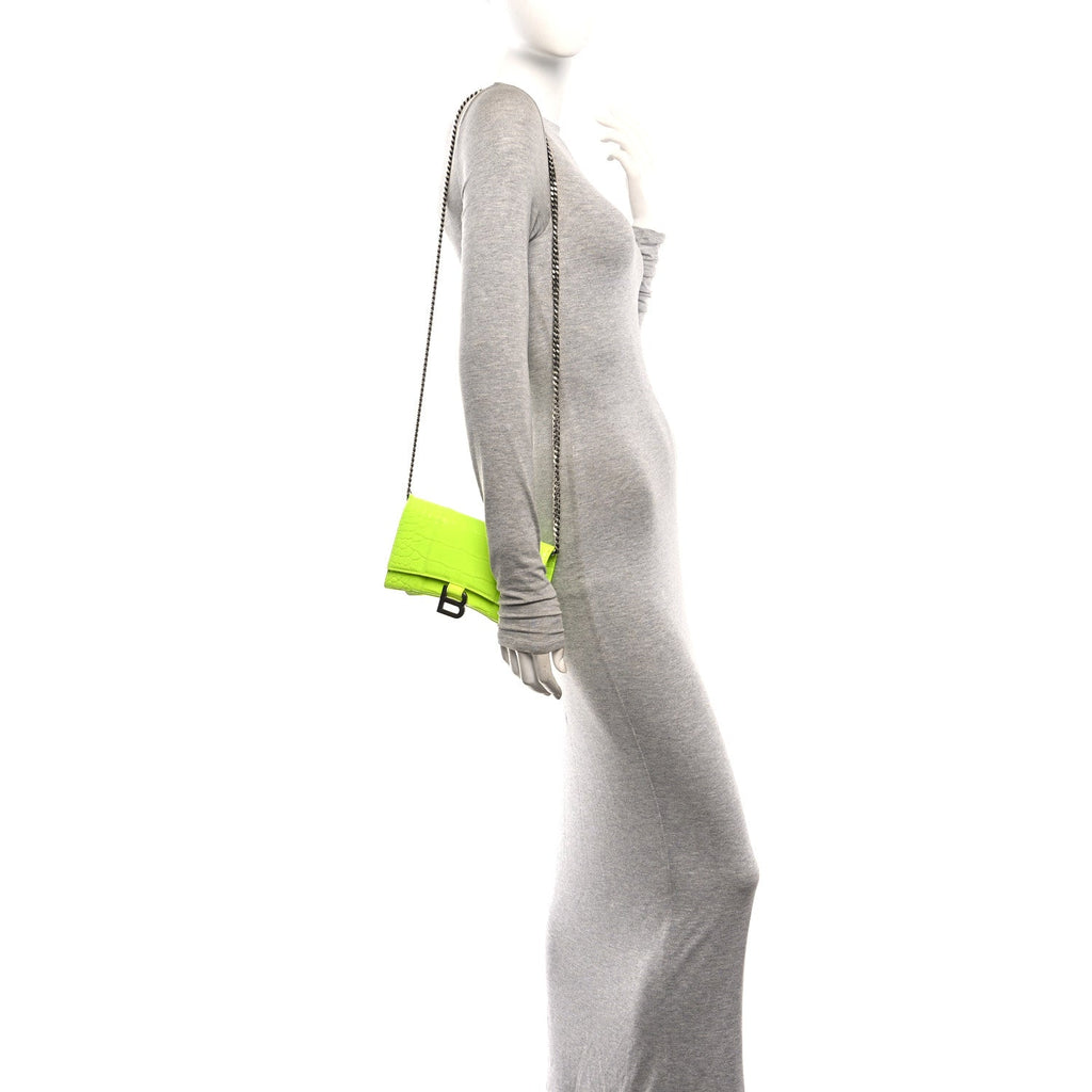 Shiny Calfskin Crocodile Embossed Hourglass Chain Bag Fluo Yellow