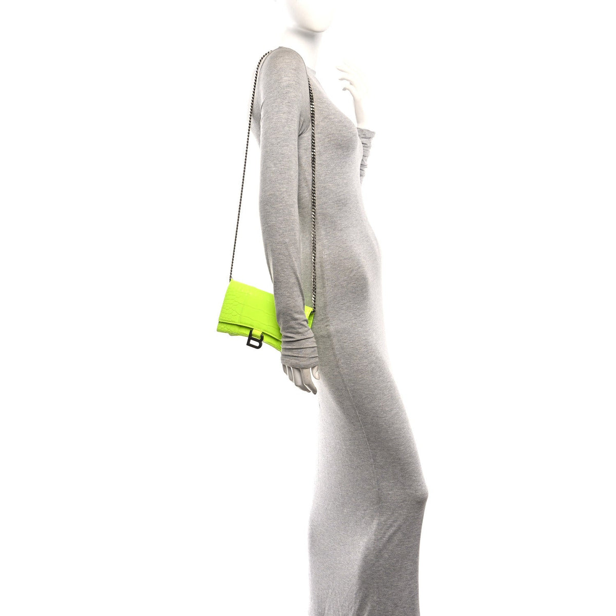 Shiny Calfskin Crocodile Embossed Hourglass Chain Bag Fluo Yellow