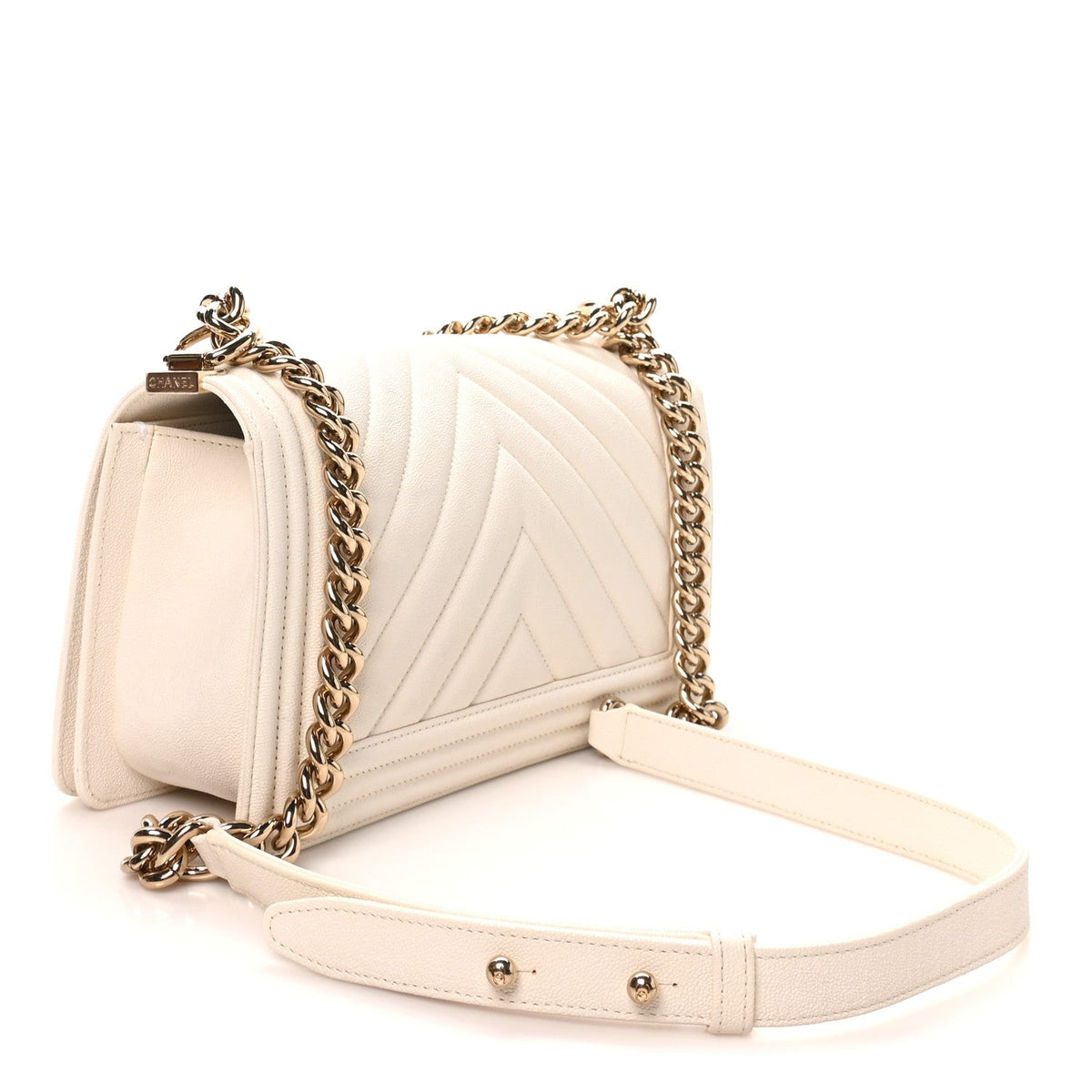Caviar Chevron Quilted Medium Boy Flap White