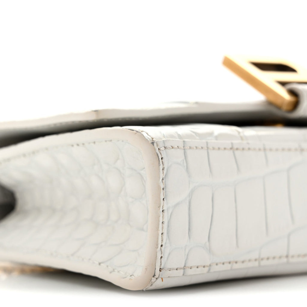 Shiny Calfskin Crocodile Embossed Hourglass Chain Bag White