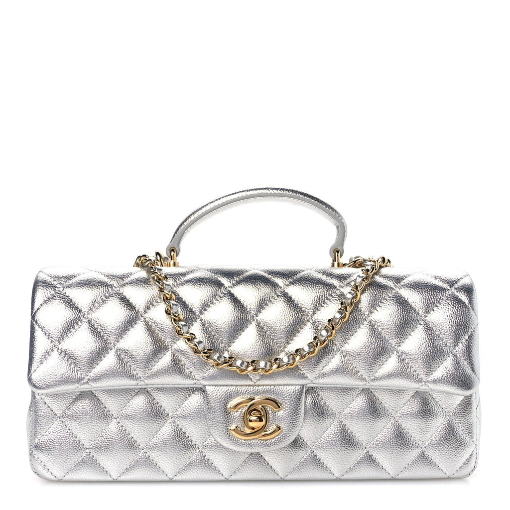 Metallic Caviar Quilted Top Handle East West Flap Silver