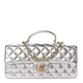Metallic Caviar Quilted Top Handle East West Flap Silver
